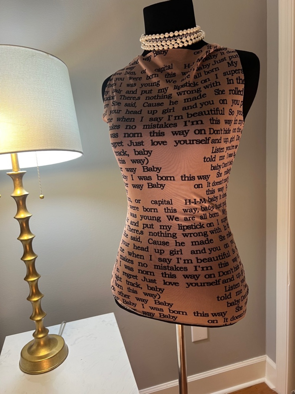 Text Print High Neck SE THROUGH Top - Beige/message Black top
